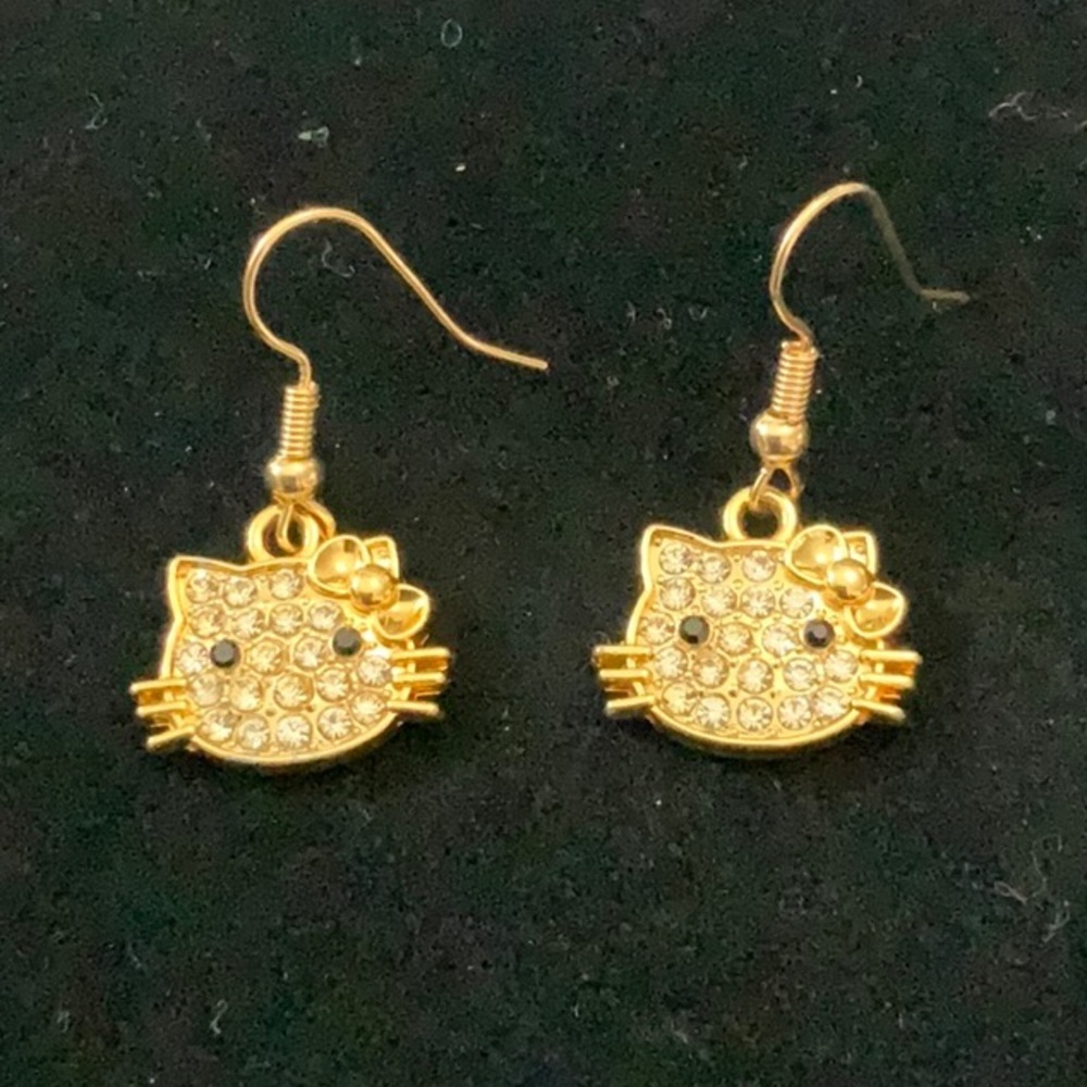 Hello Kitty Face Gold & Rhinestone Dangle Earrings